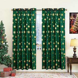 Karseteli Christmas Curtains for Living Room, Luxury Snowflake Gold Foil Print Curtains, Rod Pocket Window Drapes Decorations for Bedroom and Home Decor, 2 Panels Foliage Green 52W x 63L