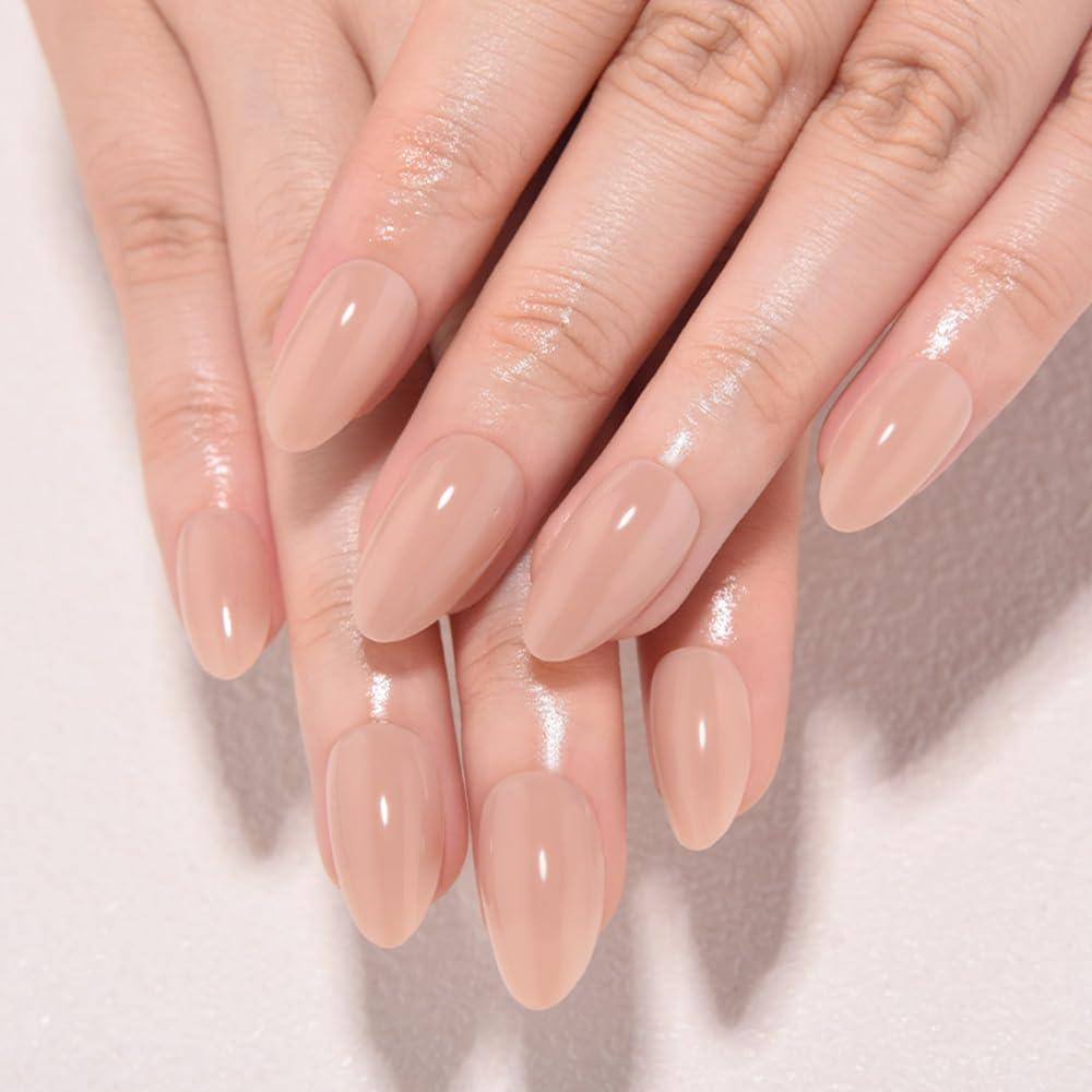 Nude Brown Jelly Press On Nails Short Almond, Glossy Design Acrylic Fake Nails with Full Cover Stick on Nails,Reusable Glue-On Stickers for Fashion False Nails for Women Gift (24 Pcs (Pack of 1))