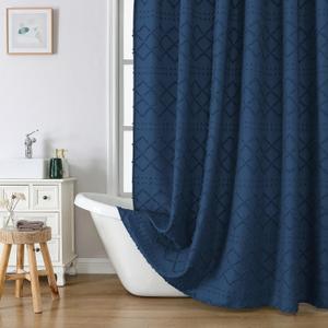 Lecloud Dusty Blue Stall Boho Shower Curtain, Modern Tufted Plaid Striped Narrow Half Size Fabric Shower Curtain, Farmhouse Tufted Textured Shower Curtains for Bathroom, 36" W x 72" L