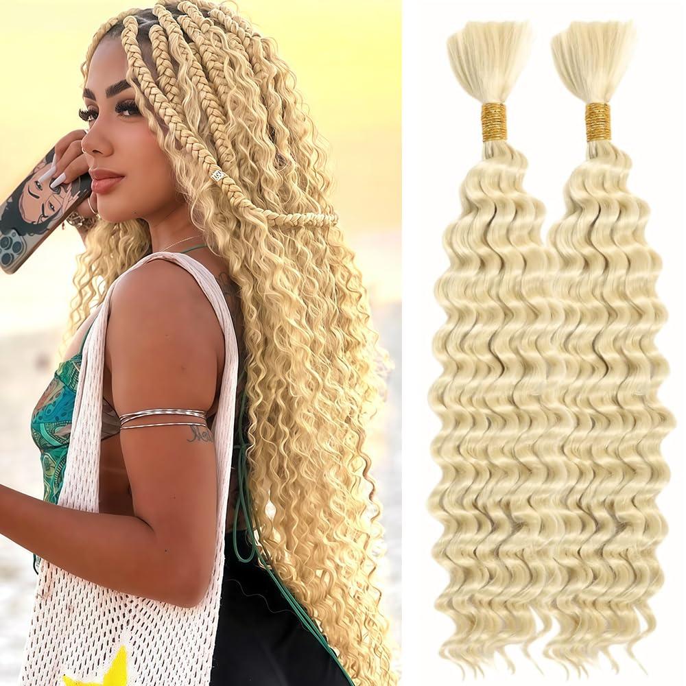 Human Braiding Hair for Boho Blonde Deep Wave Bulk Bohemian 2 Bundles/Pack 18 18 Inch 12A Wet and Wavy Curly Human Hair Extensions 613 Blonde
