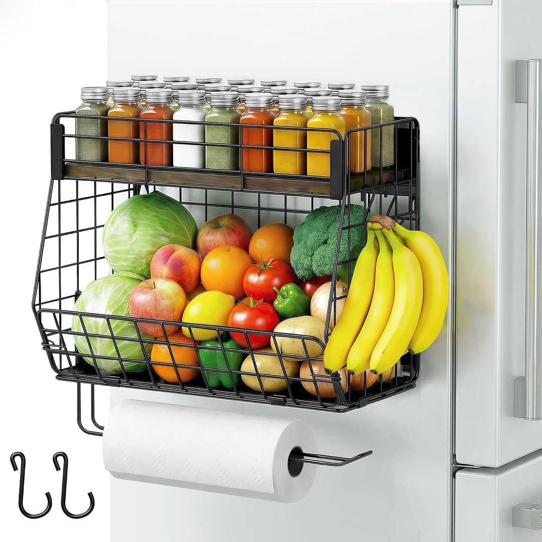 Magnetic Spice Rack for Refrigerator with Paper Towel Holder, Fruit Basket with 2 Hooks for Kitchen Storage and Organizer, FullEnclosed Magnetic Shelf 33 lbs for Laundry, Pantry, Coffee Bar and RV