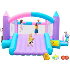 Inflatable Bounce House with Slide, Bouncy Castle for 4 Kids with Blower, 160 x 135 x 70 inches Jumping Bouncer with Ball Pit, Dual Basketball Hoops