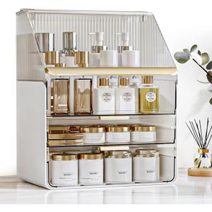 Makeup Organizer Countertop with Drawers & Lid, Skincare Organizer for Vanity, Large Cosmetic Organizer & Display Cases and Storage for Bathroom & Desktop. Perfect for Girl Women Mom Gifts