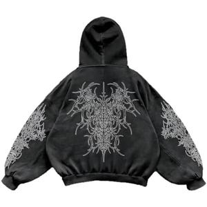 Y2K Vintage Printed Punk Hoodies Spring Autumn Men Women Casual Hoodie Gothic Fashion Harajuku Sweatshirt (Black, L)