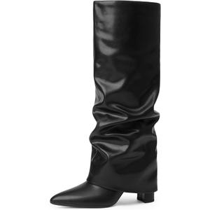 Modatope Knee High Boots Women Fold Over Knee High Boots Chunky High Heels Long Boots Zipper Pointed Toe Dress Tall Boots for Women (10, Black Slouchy)
