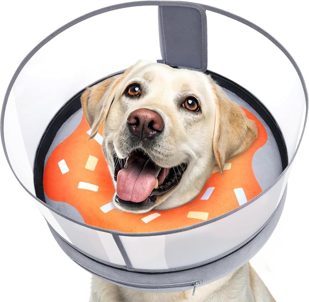 Inflatable Dog Cone with Transparent Shield, Protective Dog Donut Collar After Surgery to Stop Licking, Soft Donut Cone for Large Pets, Adjustable Recovery Collar with Buckle Visibility (L (Neck: 14"-18"))