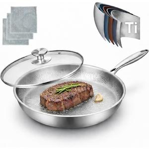 Pure Titanium Hammered Frying Pan with Lid, 12 Inch Skillet, No Coating Safe Cookware, Even Heat & Scratch Resistant for Steak, Eggs & Healthy Cooking