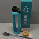 32 oz Glass Water Bottles - 1 Liter Motivational Tumbler Water Bottle Time Marker - Borosilicate Glass Water Bottle With Silicone Sleeve and 2 Lids, Handle Spout & Bamboo Straw Lid (Teal)