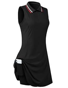 FREEYE Women Golf Tennis Polo Shirts Dress Underneath Shorts＆Pocket, 2023 Summer Athletic Collar Sleeveless Tank Top Sport Workout Casual Exercise Running Outdoor Outfit Active-wear Apparel Black, Large