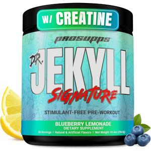 PROSUPPS Dr. Jekyll Signature Pre Workout Powder with Creatine - Stim-Free Preworkout Supports Focus & Endurance - Caffeine-Free Gym & Fitness Supplements (Blueberry Lemonade, 30 Servings), Best By: 06/2026