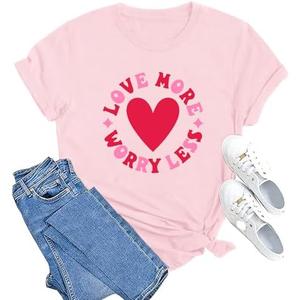 MAIHUN Valentines Day Shirt Love More Worry Less Shirts Women Happy Smile Face Tshirt Short Sleeve Casual Tee Tops Size XL