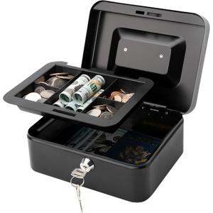 Jssmst Locking Medium Steel Cash Box with Money Tray,Lock Box,Black
