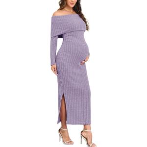 CYCLAMEN Off-Shoulder Maternity Sweater Dress Rib Knit Long Sleeve Dresses with Side Slit Pregnancy Clothes Baby Shower (X-Large, Purple)