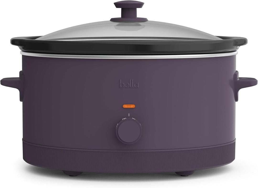 bella 6.0 Qt Manual Slow Cooker, Ceramic Nonstick Coating, 3 Temperature Settings, Dishwasher Safe Stoneware Pot and Tempered Glass Lid, Cool Touch Handles & Tangle Free Cord Wrap, Plum, 6 Quarts