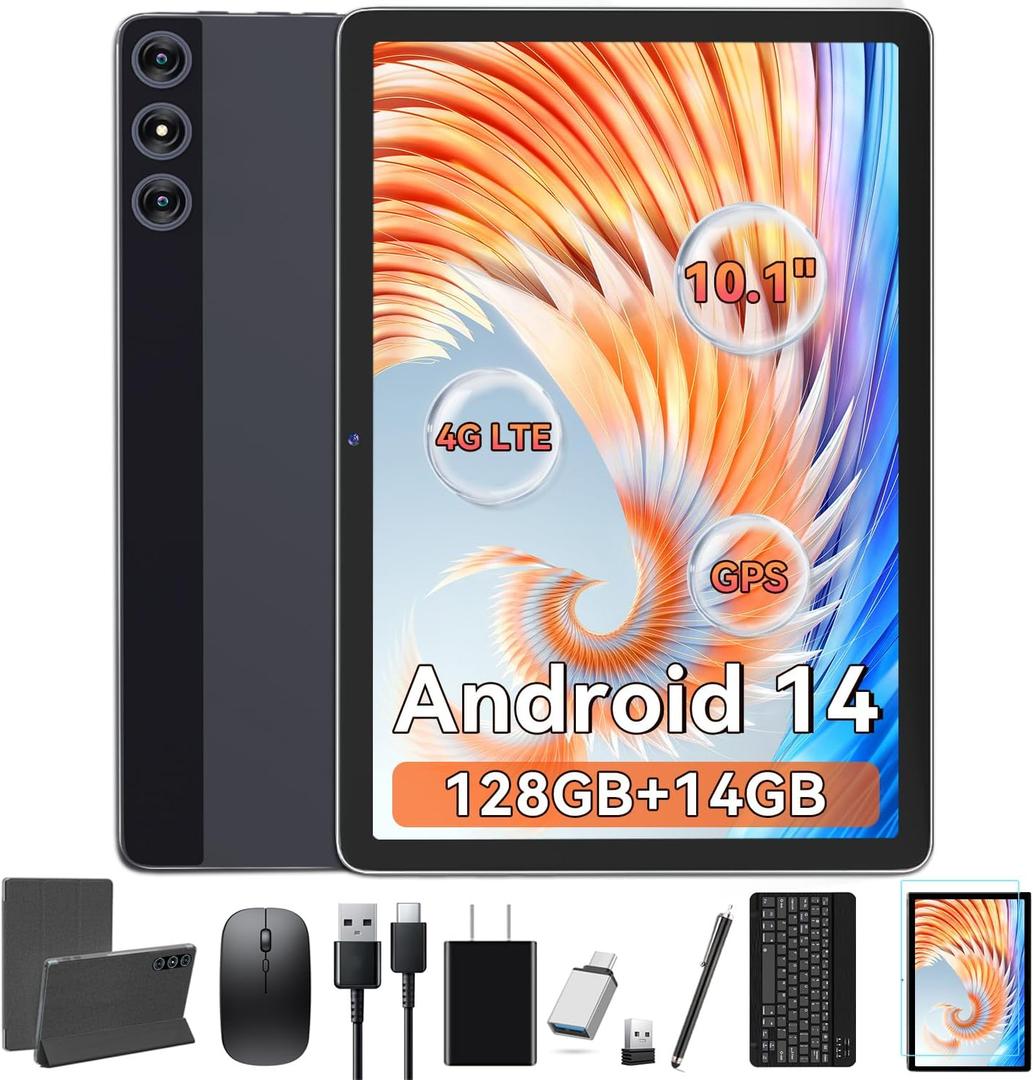 Tablet 10.1 Inch Android 14, Octa-Core 5G WiFi, 4G Cellular(T-Mobile), 128GB ROM 14GB RAM, 2025 Latest Tab with Keyboard Bundle 1TB Expand Android Tablet 13MP+8MP Dual Camera, GPS Unlocked HD Display (Gray)