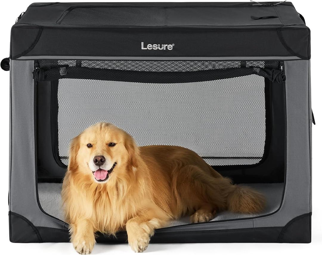 Lesure Soft Collapsible Dog Crate - 42 Inch Portable Travel Crate for Extra Large Dogs Indoor & Outdoor, 4-Door Foldable Pet Kennel with Durable Mesh Windows, Black (XL - 42")