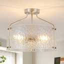 Semi Flush Mount Ceiling Light Fixture Glass Drum Chandelier Entryway Light Fixture 16''Brushed Nickel Flush Mount Ceiling Lights 3-Light Foyer lighting fixtures for Living Room Hallway Bedroom (Silver)