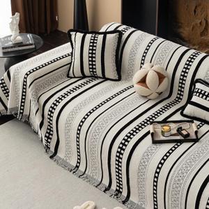 Striped Couch Cover Blankets, Boho Couch Covers, Sofa Blanket Cover for Dogs, Large Couch Covers for Recliner and Chair, Chenille Sofa Covers Washable Sectional(1pc/Black/71 x 134")