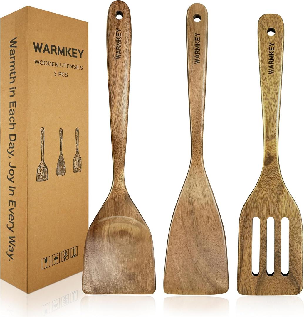 Natural Acacia Wood Spatula Set of 3, Nonstick Pan Safe Multipurpose Wooden Cooking Spatulas, Eco-Friendly Scratch-Proof Heat Resistant with Hanging Holes