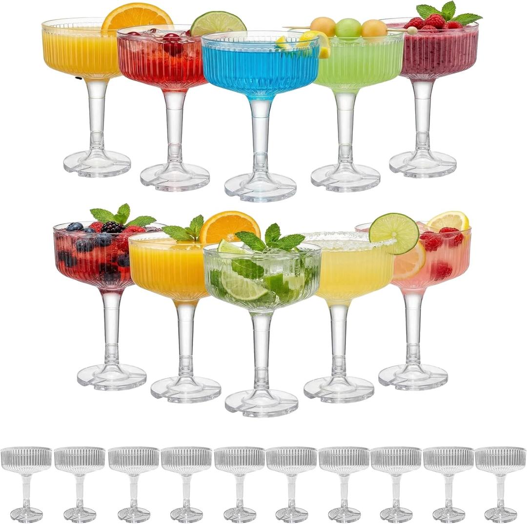 20 Pack Ribbed Martini Glasses- Plastic Coupe Glasses, Clear Cocktail Cups for Champagne Tower, Wedding, Birthday Party Supplies