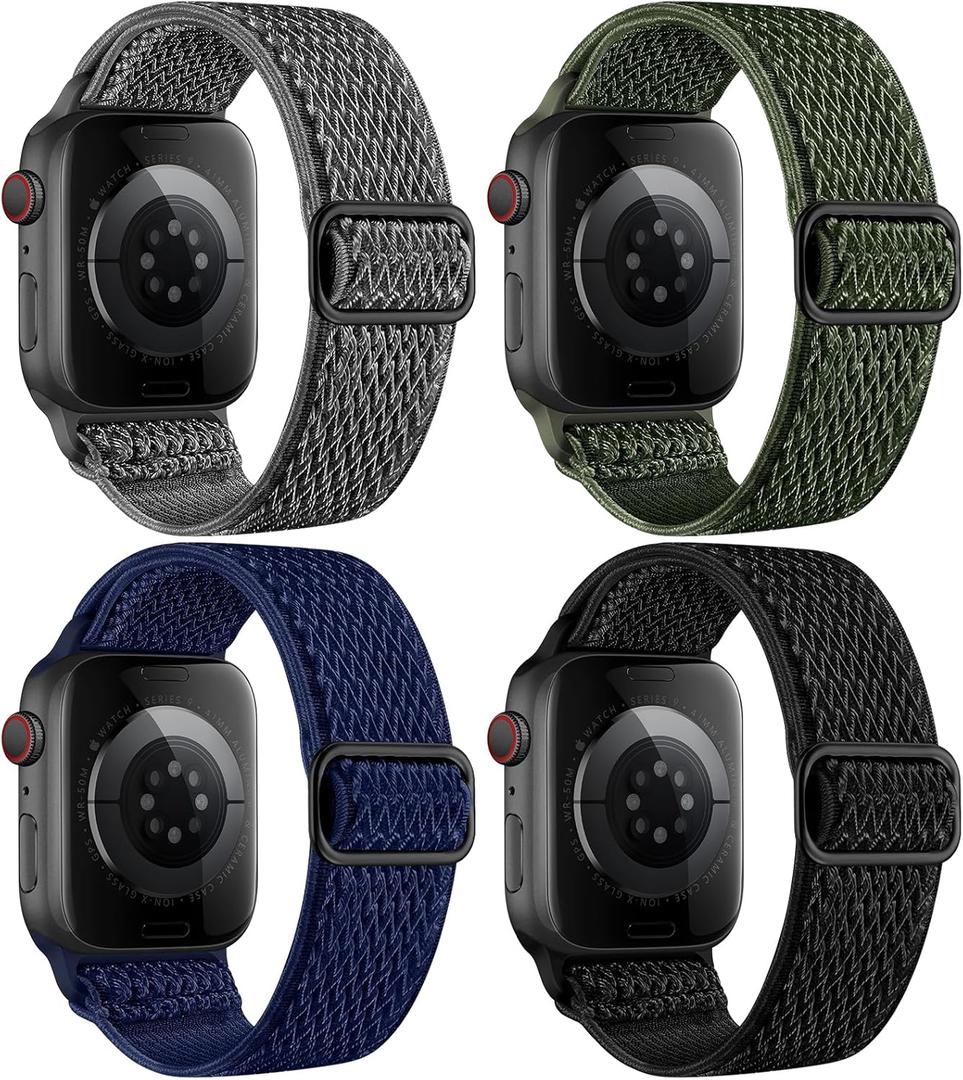 4 Pack Stretchy Nylon Band Compatible with Apple Watch Bands for Men Women 44mm 40mm 41mm 42mm 45mm 46mm 49mm 38mm, Braided Solo Loop Elastic Strap for iWatch Ultra 3 2 Series 11 10 9 8 7 6 5 4 SE 3 (Black/Army Green/Midnight Blue/Deep Gray)