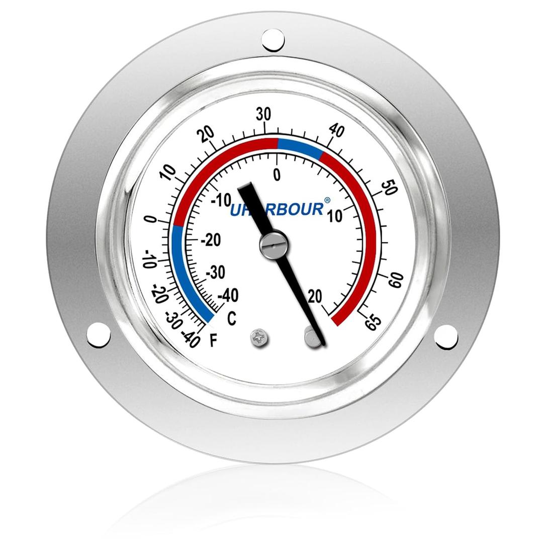 Cooler Thermometer Comercial Freezer Thermometer Capillary Design Refrigeration Gauge, Range -40 to 65  / -40 to 20, 2" Dial Stainless Steel Flanged Panel Mount