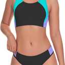 Beautikini Period Swimwear Two Piece Menstrual Leakproof Sporty Bikini Sets Bathing Suit Period Swimsuit for Teen Girls (XX-Small, Blue Curacao+purple)