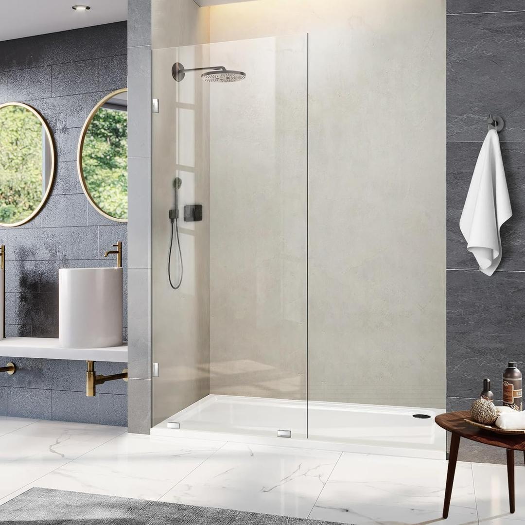 Bathroom Shower Glass Door 32 * 78" - 5/16"(8mm) Thick Clear Tempered Glass Panel, Fixed Hinged Framless Shower Glass Door with Clamps, Chrome