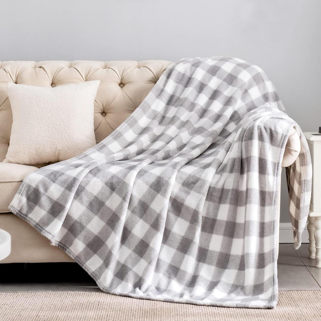BEDELITE Plaid Fleece Twin Blanket for Couch & Bed, Grey & White Checkered Flannel Blanket, Cozy & Soft Buffalo Plaid Decor Blanket for Women, Men, 60"x80"