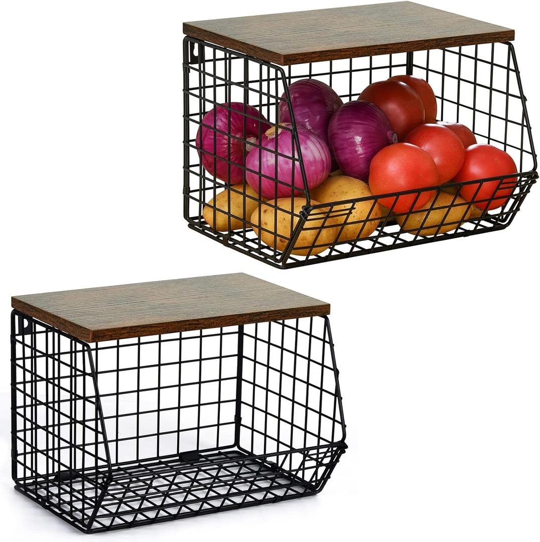 Wetheny 2pcs Fruit Basket Onion Storage Wire Basket with Wood Top- Wall Mounted & Stackable Kitchen Counter Organizer, Cabinet Organizer Bin for Potato, Produce, Bread, Snack Storage (Matte Black)