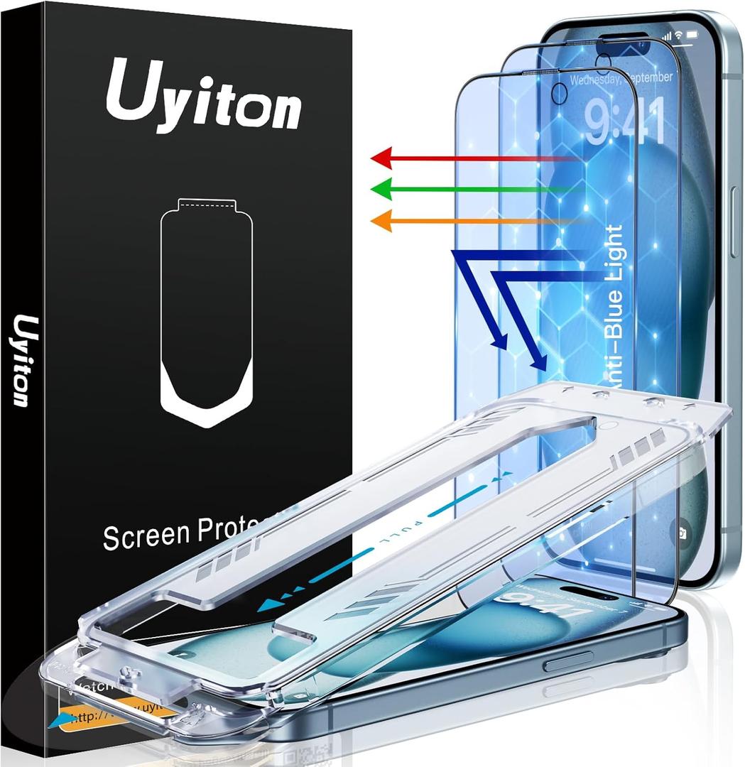 Uyiton Anti-Blue Light for iPhone 15 Screen Protector - Unbreak-Glass Full Coverage Case Friendly Scratch Resistance 9H Tempered Glass Screen Protector for iPhone 15, 2 Pack