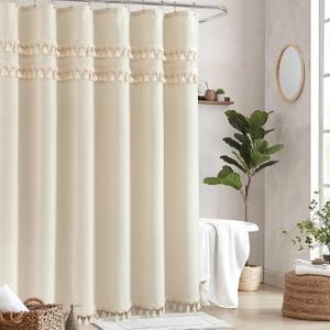 Linen Shower Curtain Boho Beige Shower Curtains for Bathroom 72 x 72 Inch Cloth Shower Curtain with Luxury Tassels Neutral Farmhouse Bath Decor Medieval Vintage Bath Curtains
