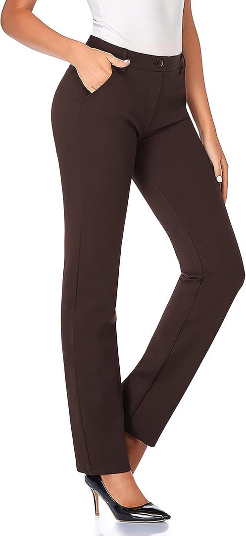 Tapata Women's 28'' Stretchy Straight Dress Pants with Pockets Tall, Petite, Regular for Office Work Business (Brown) L