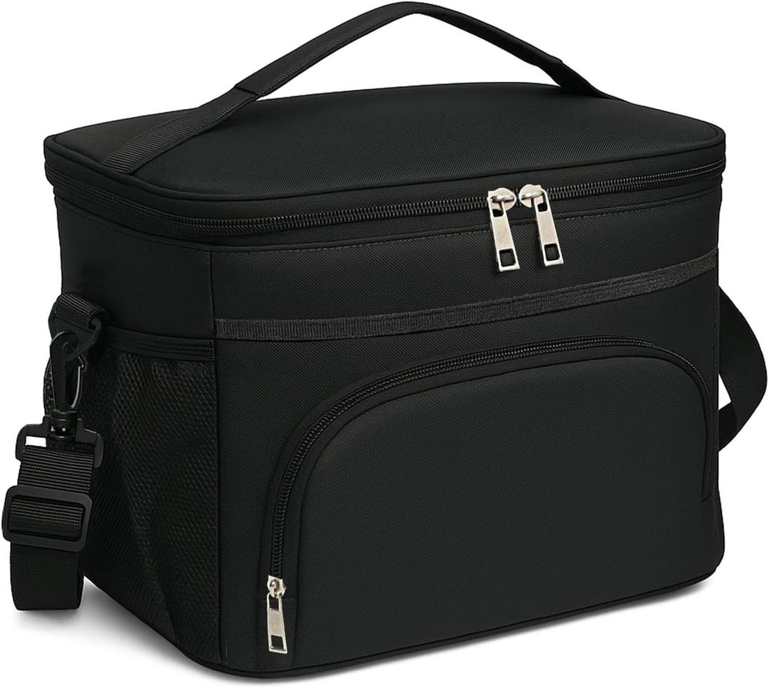 24 Cans/15L Insulated Lunch Bag for Women Men Adults Fit and Fresh Lunchbox Containers Soft Lunch Tote Cooler Bag for Work Home Outdoor Travel Hiking Picnic Beach with Adjustable Straps (Black)