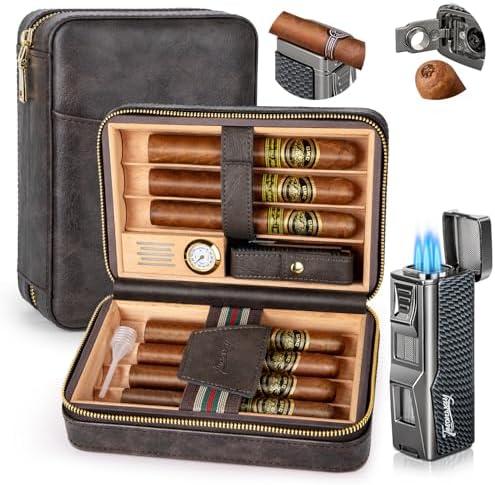 Tesonway Cigar Humidor, Travel Humidor Cigar Box and Cigar Lighter, Leather Cigar Case with Cedar Wood Tray, Hygrometer, Humidifier, Portable Cigar Humidor Cigar Accessories for Men, Holds 7 Cigars