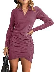 AUXDIO Women Bodycon Long Sleeve Dresses Casual V Neck Ruched Wrap 2026 Spring Fall Party Club Mini Dress, Fuchsia, Medium