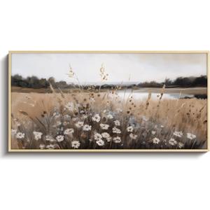 VIYYIEA Large Framed Canvas Wall Art, 20x40in, Fall Wildflower Landscape Painting for Living Room Bedroom, Above of Bed Neutral Decor, Horizontal Retro Vintage Artwork
