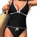 ZAFUL Women's Tankini Swimsuits V Neck Tummy Control Bow Color Block Two Piece Swimsuit Bathing Suit (X-Large, 1-black)
