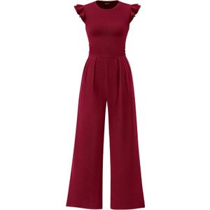 PRETTYGARDEN Summer Jumpsuits for Women Dressy 2025 Fashion Ruffle Cap Sleeve Romper Crew Neck Rib Knit One Piece Outfits (Large, Wine Red)