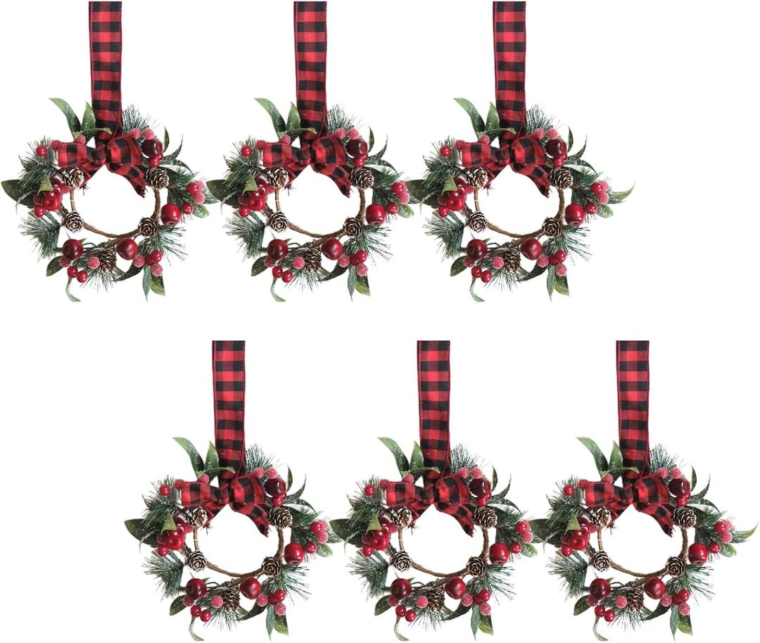 idyllic 6PCS 9-Inch Christmas Mini Wreaths for Kitchen Cabinets - Snowy Cedar Garland with Plaid Ribbon, Red Berry Pine for Holiday Decor
