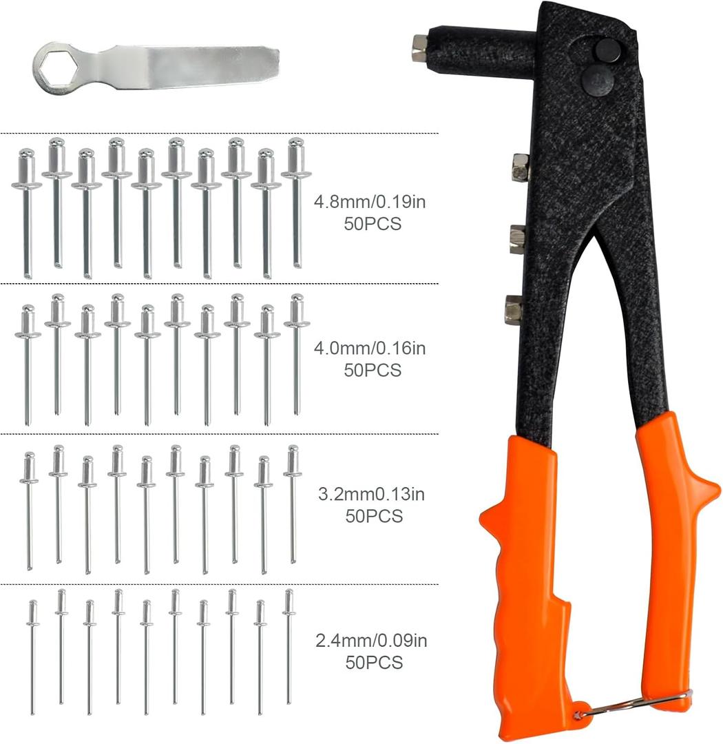 Rivet Gun, Manual Pop Rivet Gun with 4 Replaceable Nosepieces & 200 PCS Rivets, Hand Riveter for Automotive, Furniture, DIY & Metal Working (Basic, Orange)