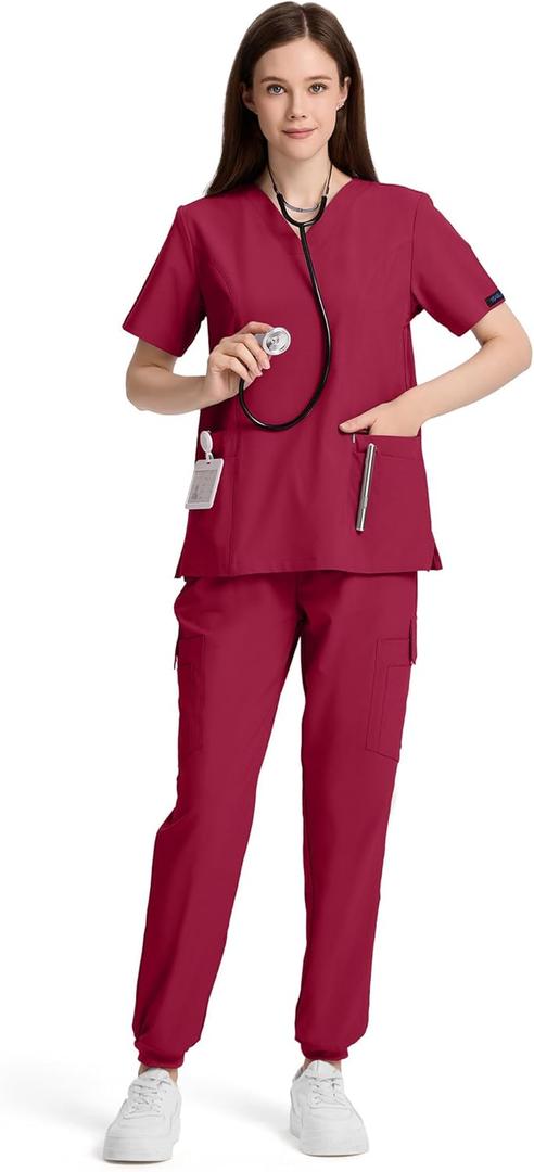 Scrubs for Women Set V-Neck Scrub Top & Jogger Pants with Multi Pocket Stretch Nursing Uniforms (XL)