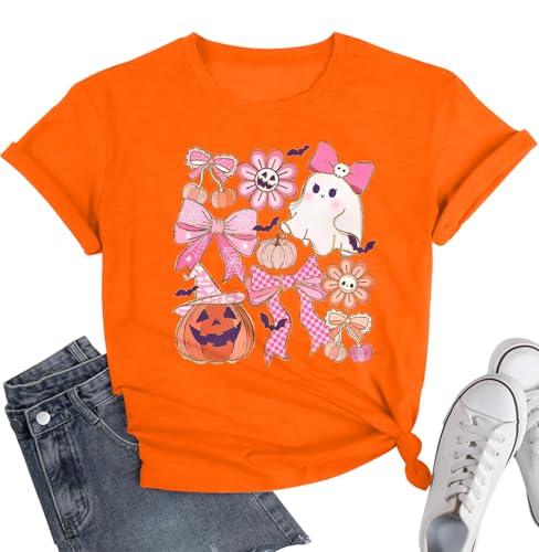 Halloween Shirts for Women Fall Pumpkin Tshirt -Cute Women Halloween Bow Ghost Tees Short Sleeve Tops Size 2XL, Orange 
