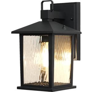 12'' Outdoor Porch Light, Matte Black Outdoor Wall Lantern with Water Ripple Glass, Exterior Lighting Fixture Wall Mount for House, Front Door, Garage, Rustproof Waterproof, Bulb Not Included