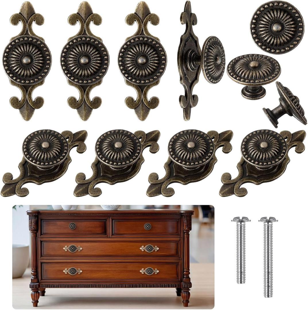 10 Pcs Antique Brass Cabinet Knobs Vintage Retro Drawer Knobs with Backplate Flower Shape Metal Dresser Pull Handles for Kitchen Cupboard Wardrobe Cabinet(Sunburst)