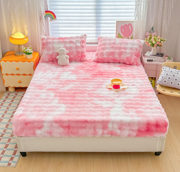 Roscloud Kid Rabbit Plush Pink White Twin 3 PC Bread Grid Sheet Set with Extra Soft Plush Velvet Flannel Fluffy Fuzzy (Fitted Sheet x 1, Pillowcase x 2)