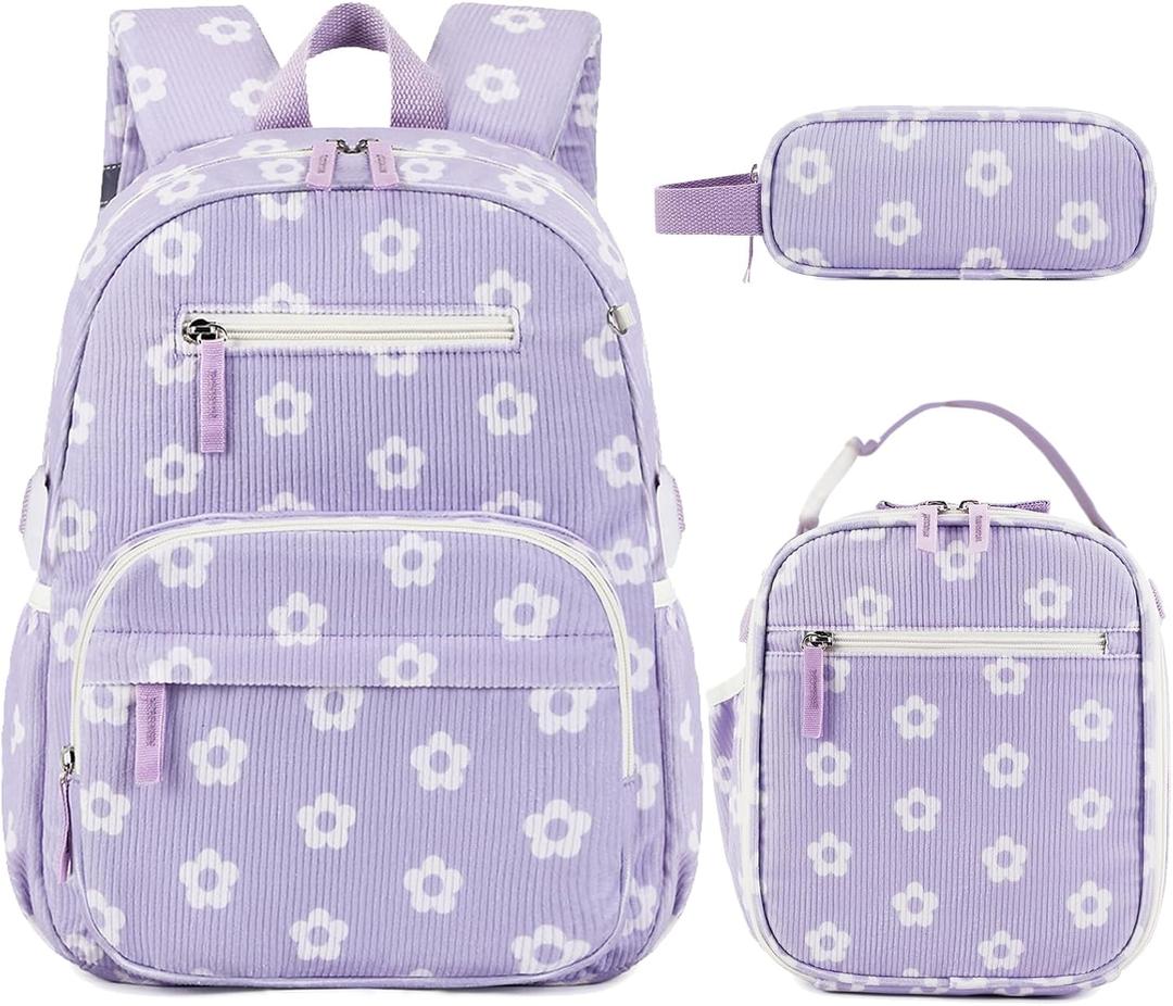 Corduroy Toddler Backpack for Kids 5-8, Kids backpack for Boys Girls with Lunch Box & Pencil Case - 15inch Kids Bookbag for School Preschool Kindergarten Daycare Daypack(Purple Floral) (Purple, S)