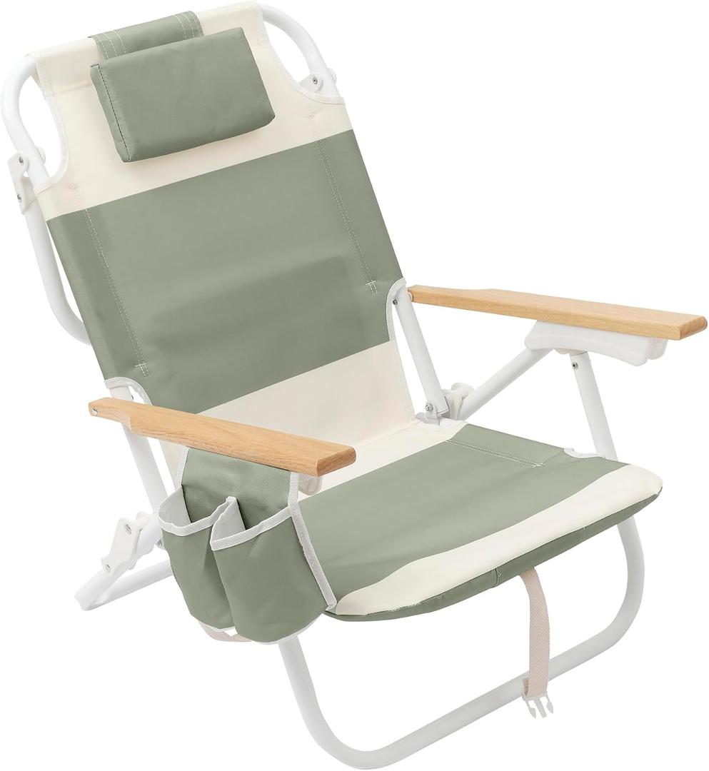 SUNNYLiFE Deluxe Beach Chair, Outdoor Seating, Portable Backpack Design, 5 Adjustable Recline Positions, Insulated Cooler Pocket, Polyester Fabric, Seagrass Sage, 25.59 x 25.2 x 27.56 inches, Standard