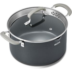 6 QT Nonstick Stock Pots with Lid, BEZIA Ceramic Soup Pot with Glass Straining Lid, Induction Cooking Pots with Silicone Handle, Compatible with All Cooktops, Dishwasher Safe