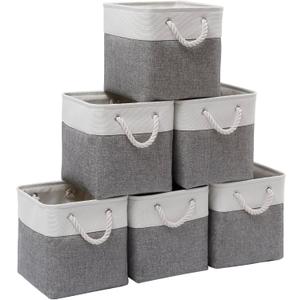 Cube Storage Bins, 6 Pack Collapsible Fabric Storage Cubes, 11 Inch Cube Organizer Bins with Handles (White/Gray)